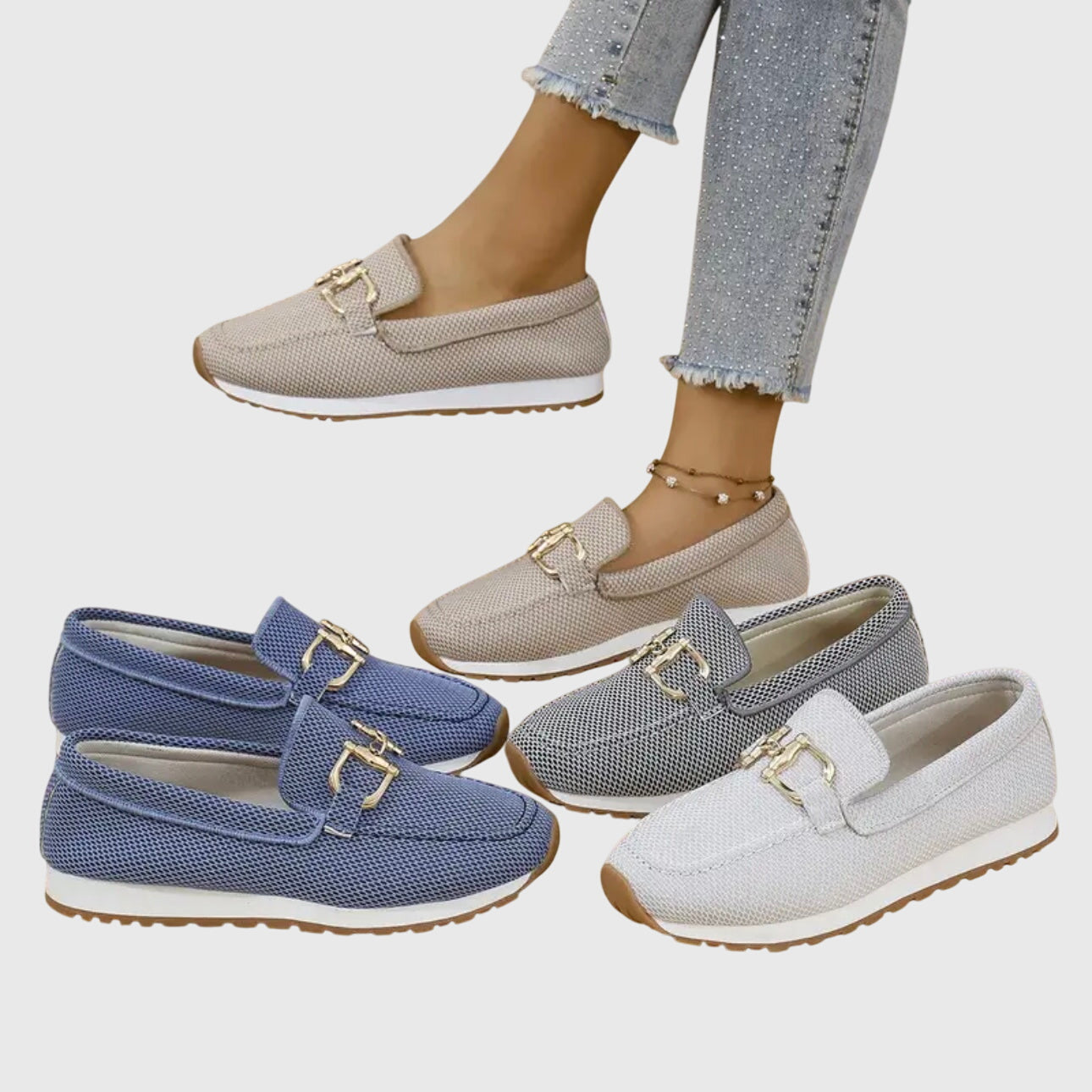 Orthopedic loafers in blue, beige, and white with gold buckle details