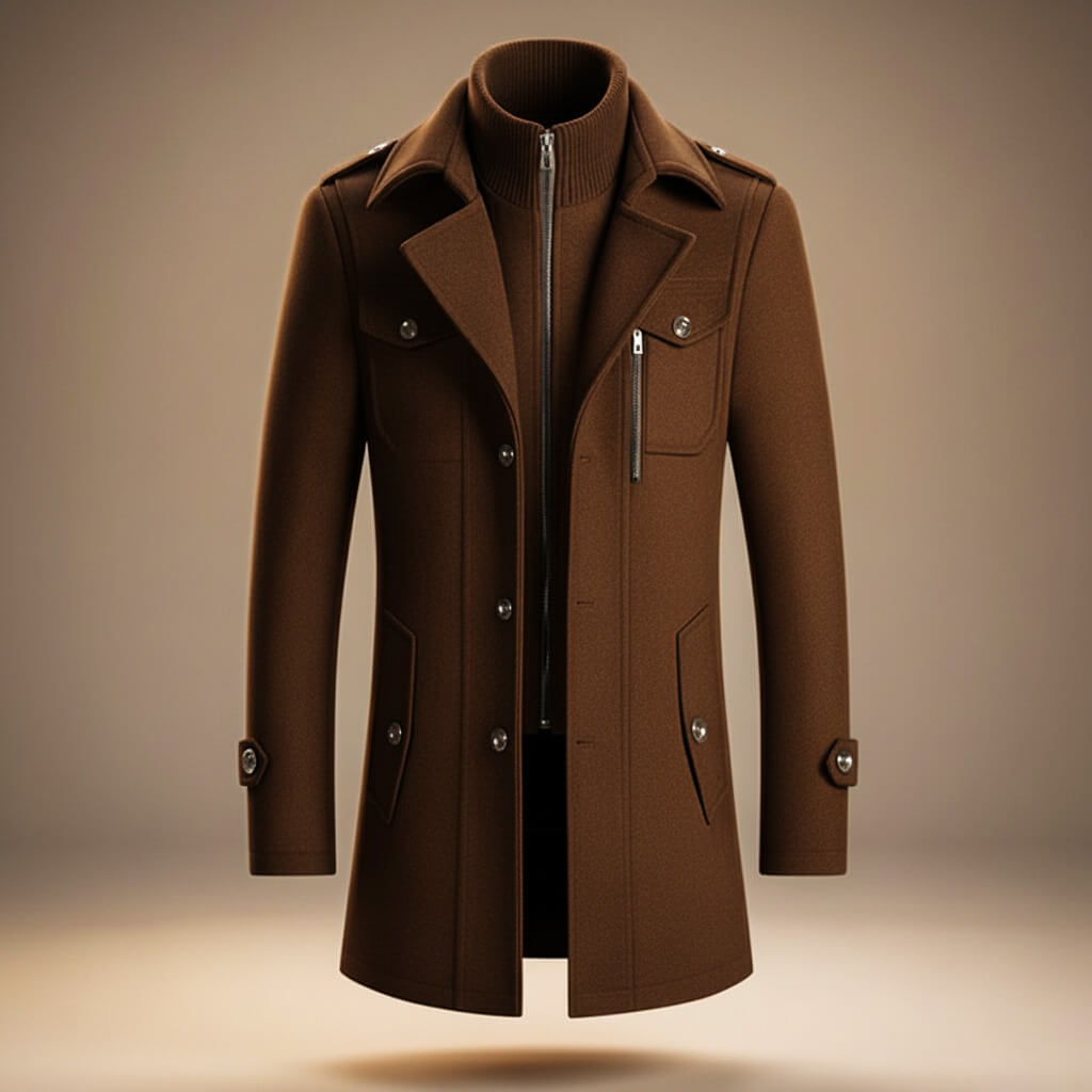 Men's wool coat in cognac brown, zip-front with notched lapels and chest pockets