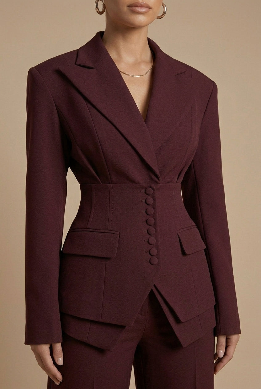 Wine red blazer and trousers set with notch lapels and front buttoned vest detail