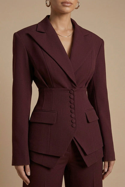 Wine red blazer and trousers set with notch lapels and front buttoned vest detail