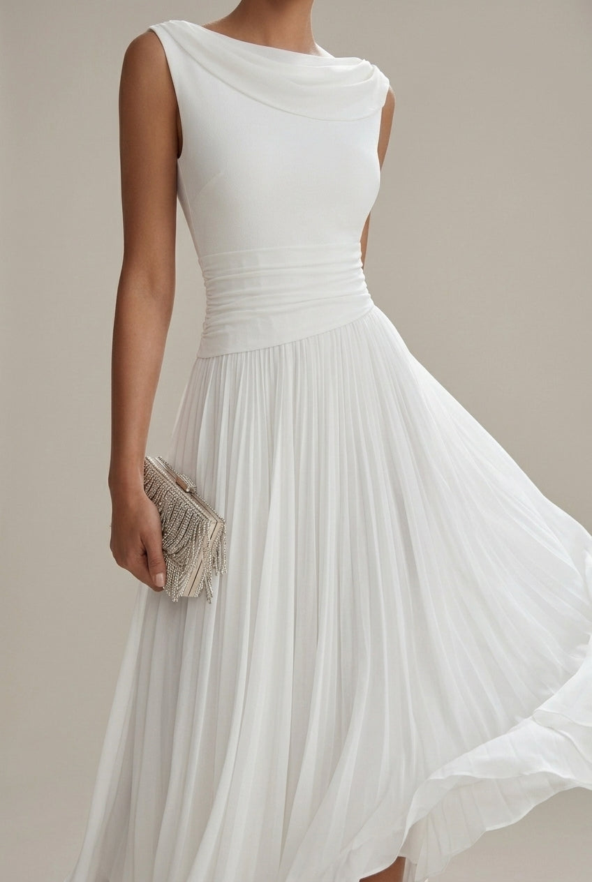 White sleeveless pleated midi dress with gathered waist and round neckline