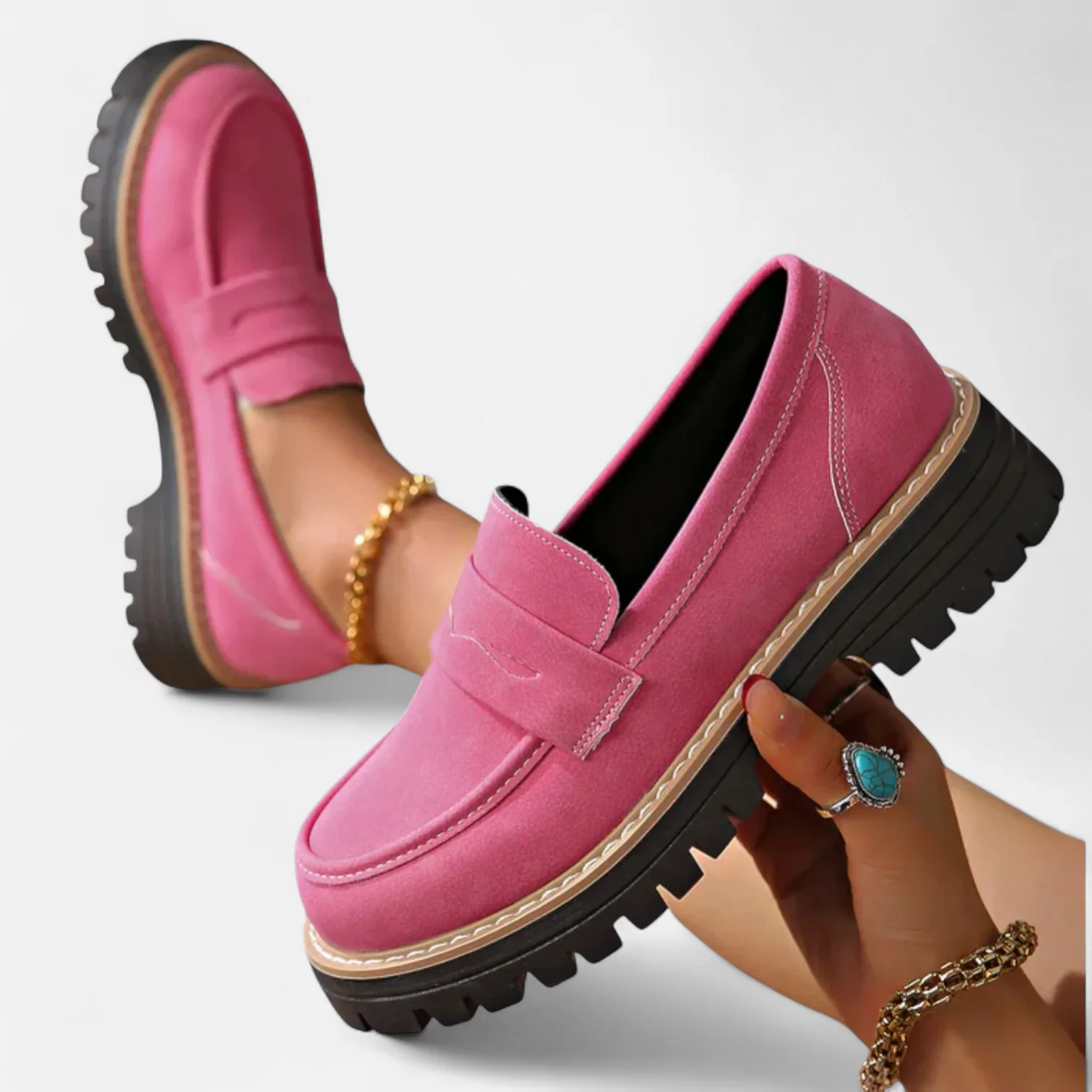 Skylar orthopaedic heeled loafers in pink suede with strap detail and tread sole