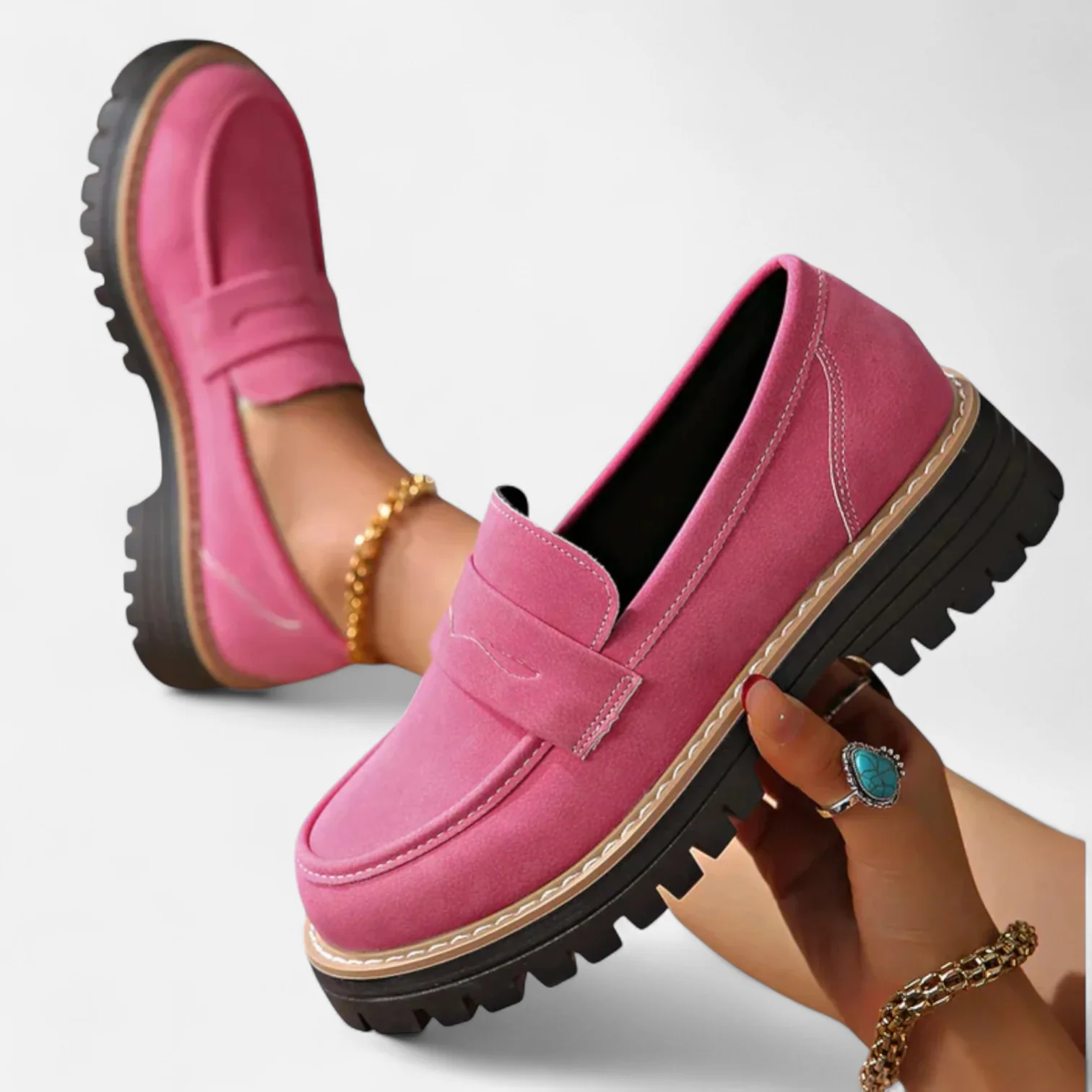 Skylar orthopaedic heeled loafers in pink suede with strap detail and tread sole