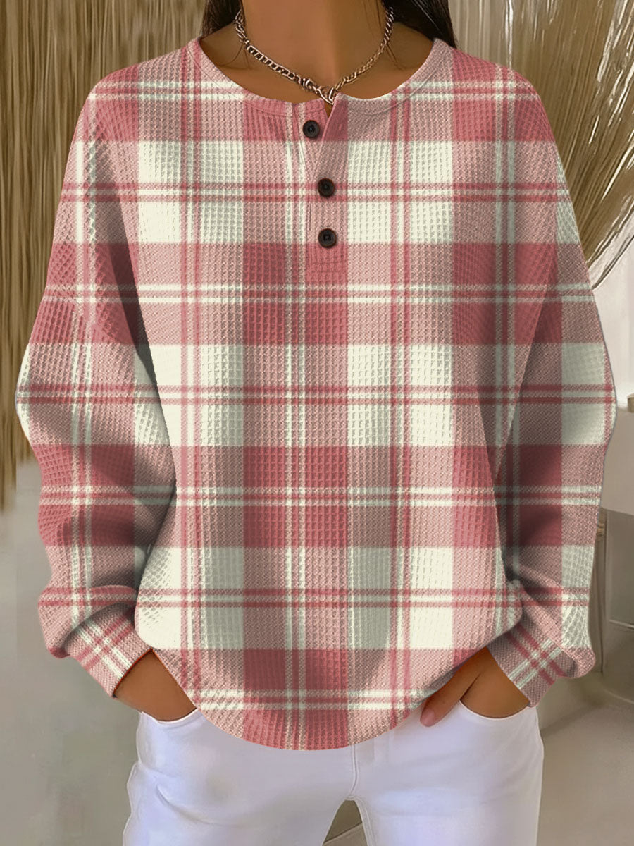 Women's waffle-knit jumper with cream and pink plaid, henley button placket