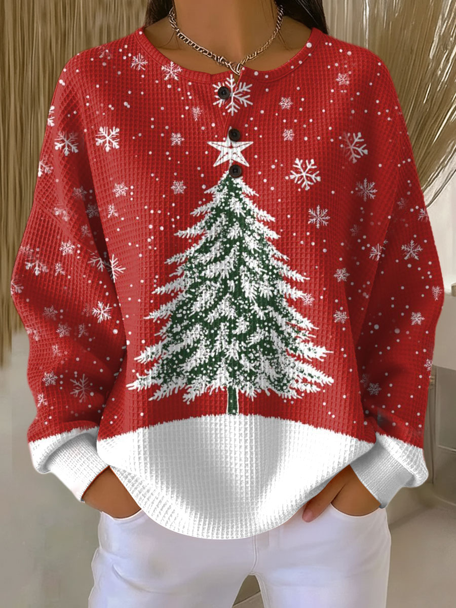 Women's waffle-knit jumper in red with snowflake pattern and central Christmas tree