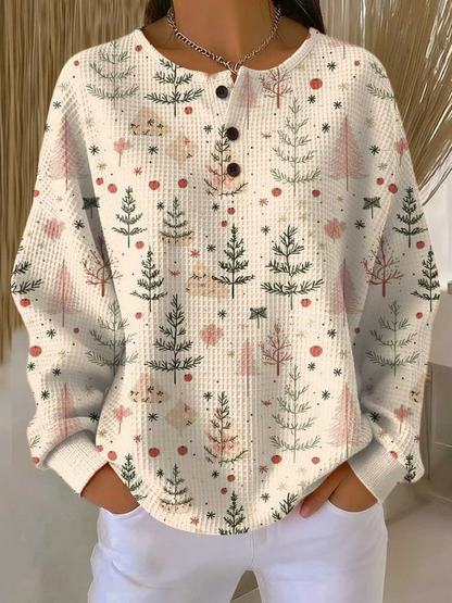 Women's waffle-knit jumper in off-white with botanical evergreen and berry print