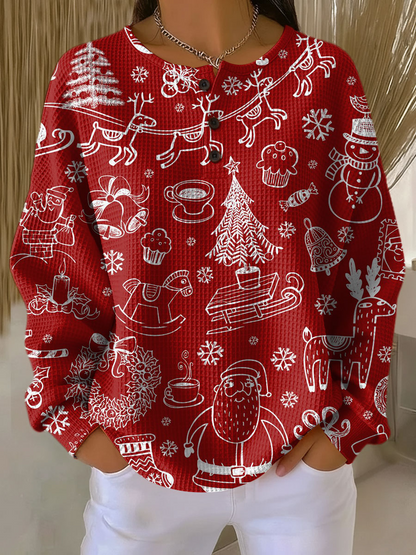 Women's red knit jumper with white holiday icons: reindeer, snowflakes, gingerbread