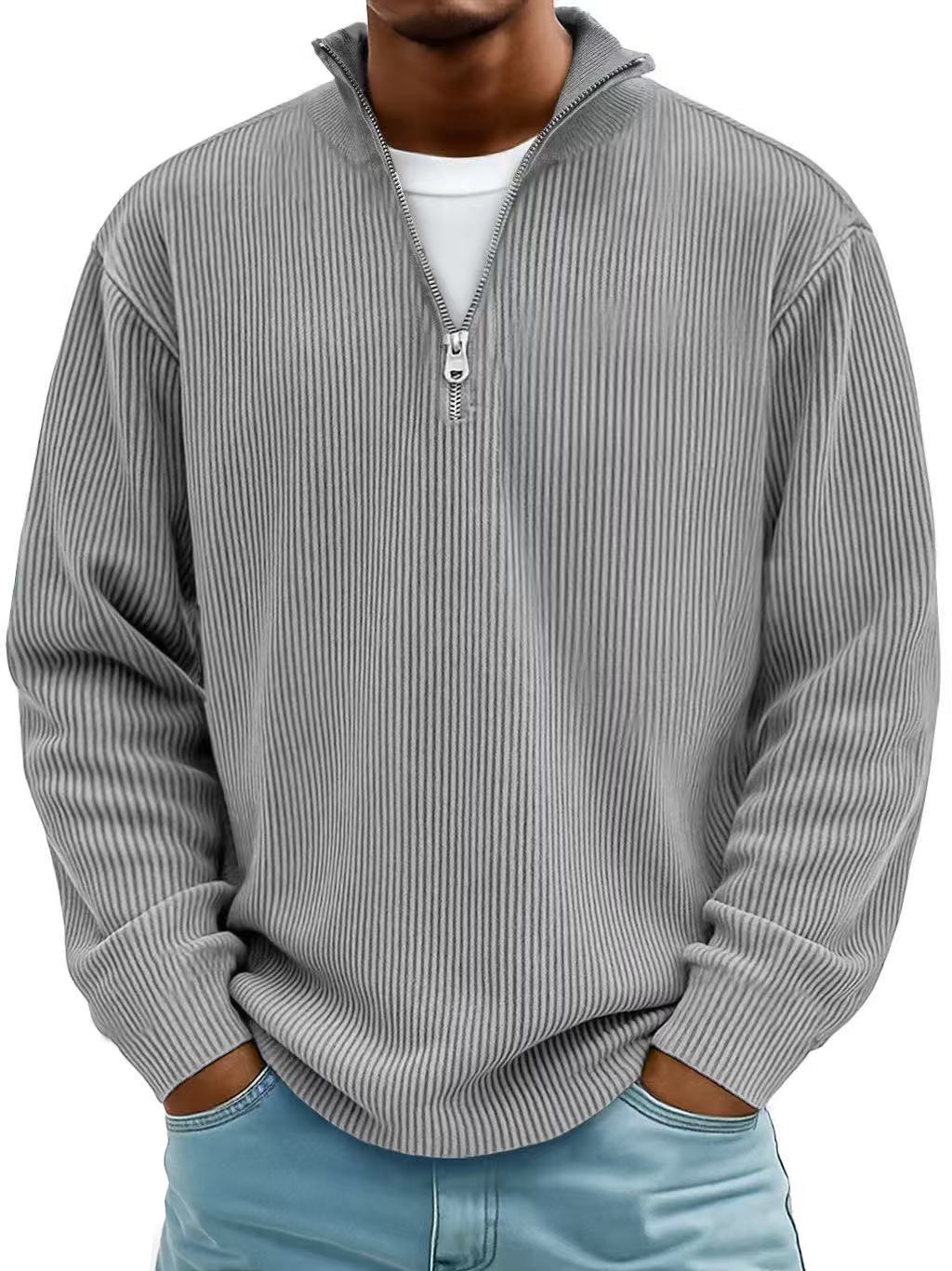 Gray quarter-zip pullover sweater with ribbed knit and vertical stripe texture