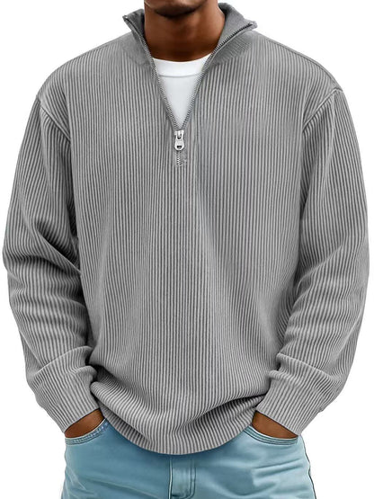 Gray quarter-zip pullover sweater with ribbed knit and vertical stripe texture