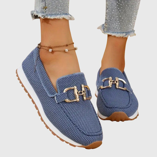 Blue orthopedic mesh loafers with gold buckle detail and cushioned sole
