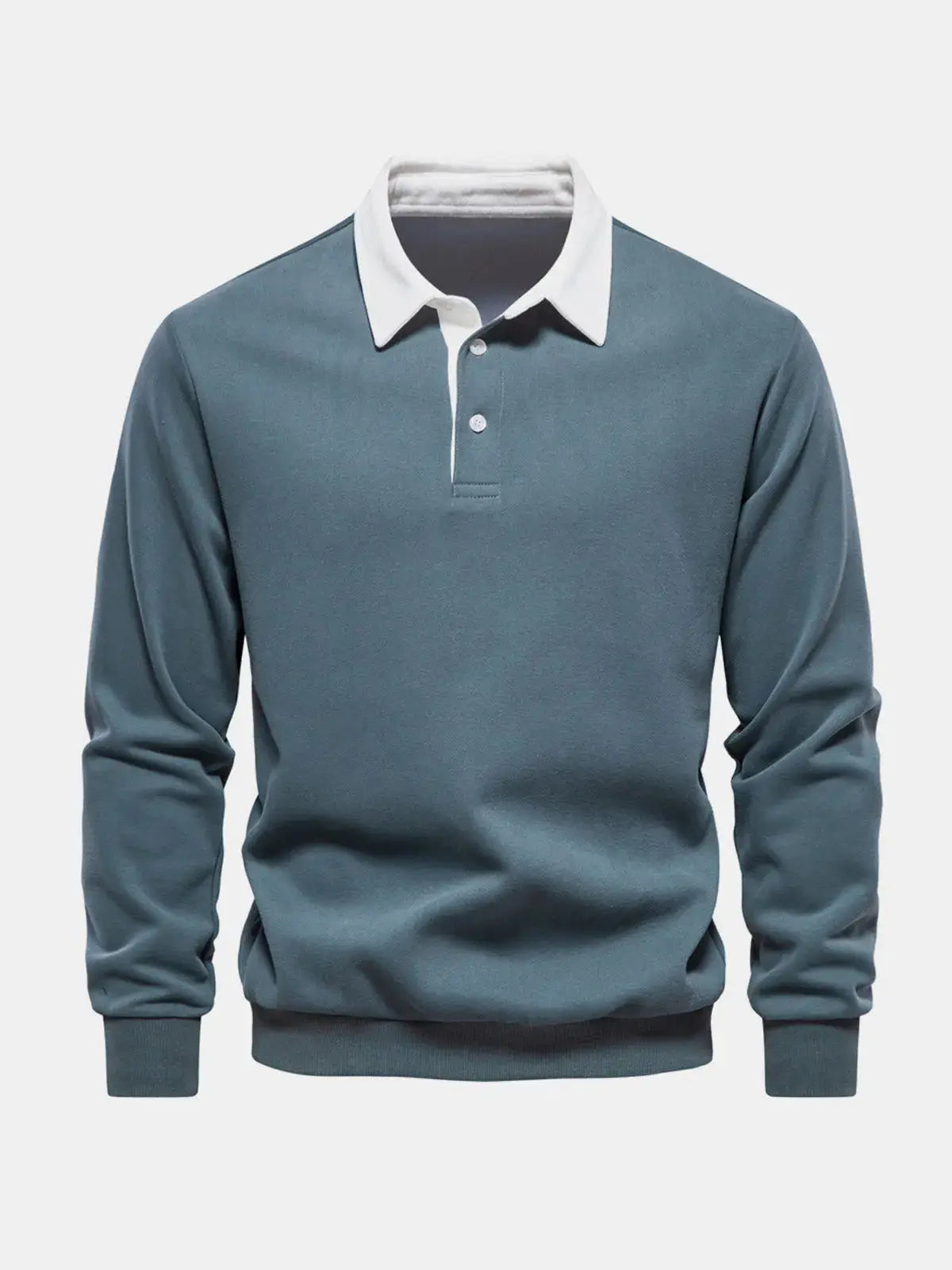 Teal long-sleeve polo sweatshirt with white collar and button placket
