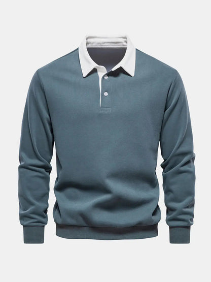 Teal long-sleeve polo sweatshirt with white collar and button placket