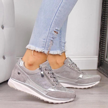 Silver orthopaedic zip trainers with lace-up front, perforated sides, white sole