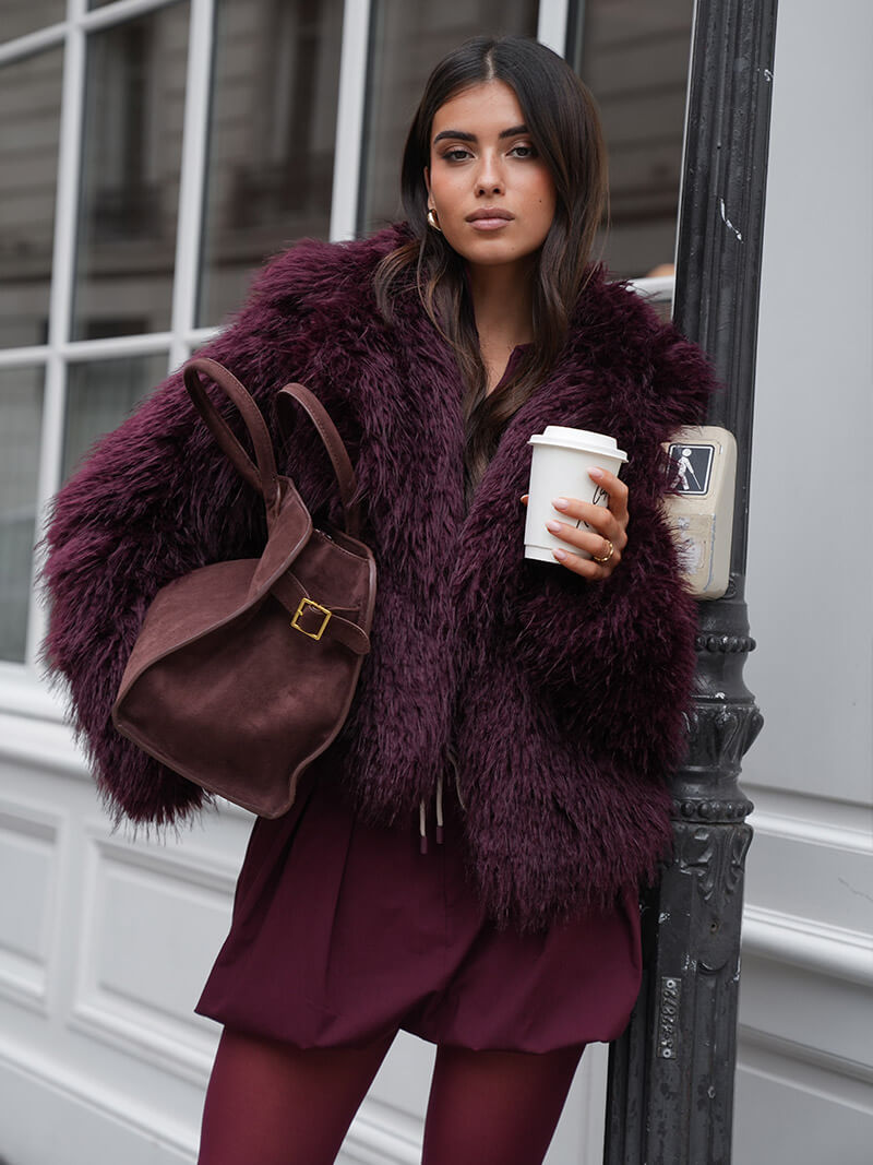 Burgundy suede mini tote with top handles and square gold buckle front