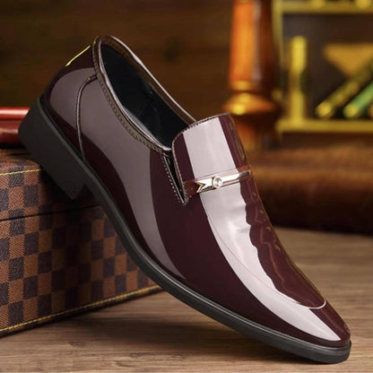 Men's patent penny loafers, pointed toe, dark brown slip-on with metal strap buckle