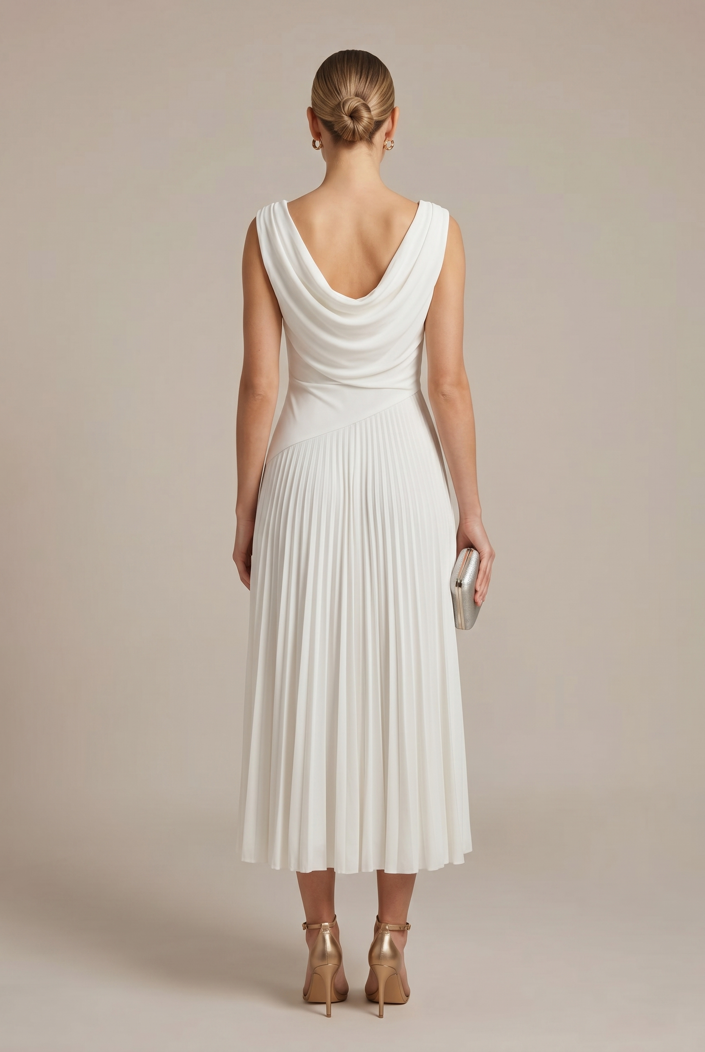 White sleeveless pleated midi dress, scoop-back drape with gathered waist