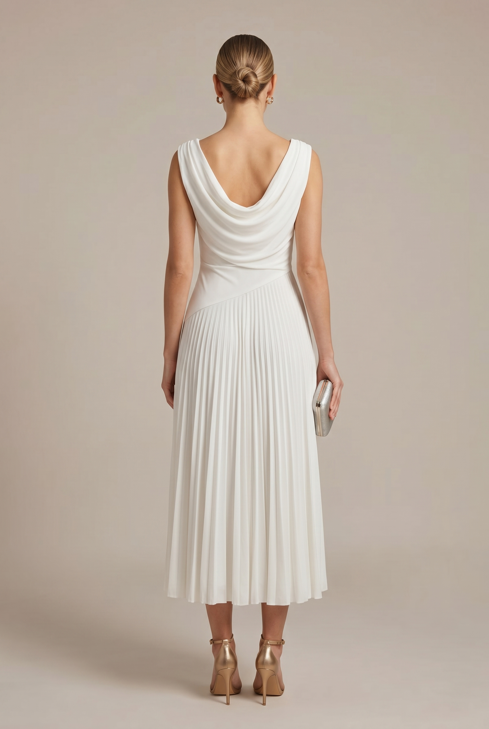 White sleeveless pleated midi dress, scoop-back drape with gathered waist