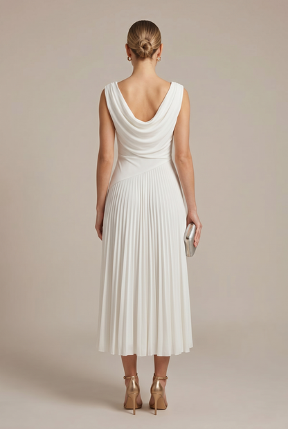 White sleeveless pleated midi dress, scoop-back drape with gathered waist