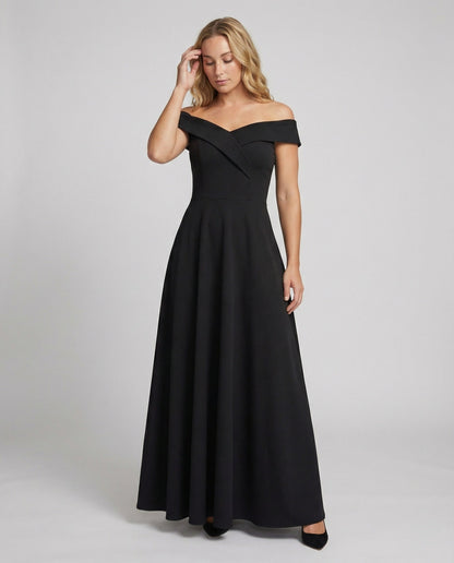 Black off-shoulder long evening dress, fitted bodice and flared skirt with shoulder detail