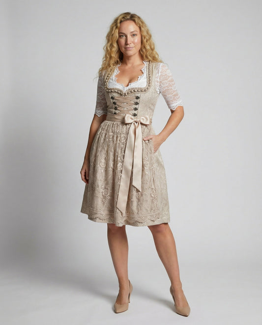 Beige dirndl dress with lace sleeves, corset bodice, and full skirt with bow belt