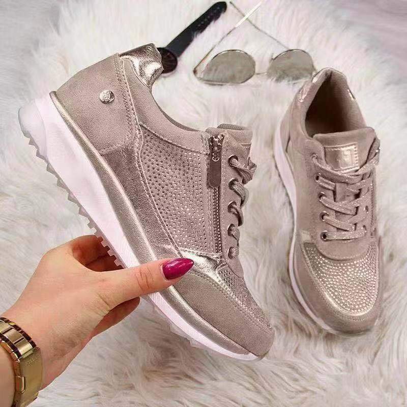 Beige orthopaedic zip trainers with mesh side panels, lace-up front, cushioned sole