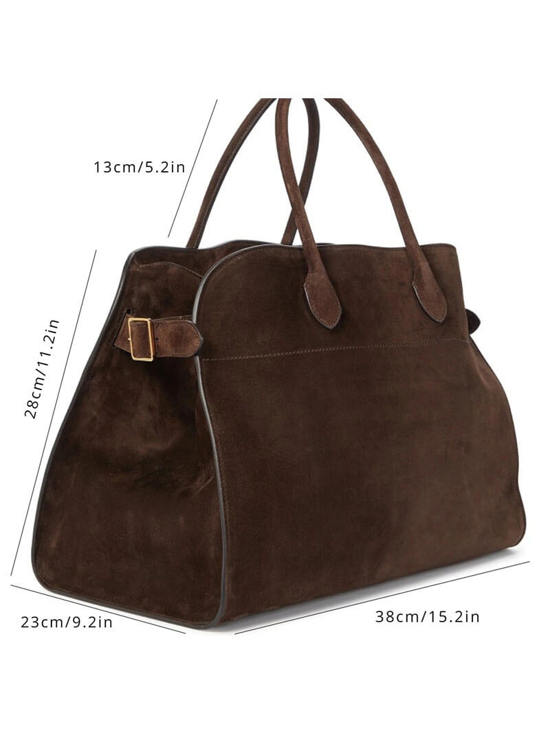 Brown suede handbag with dual top handles and front buckle pocket