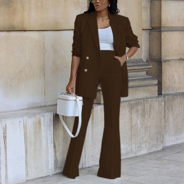 Brown two-piece blazer and wide-leg trousers set with gold-button double-breasted look