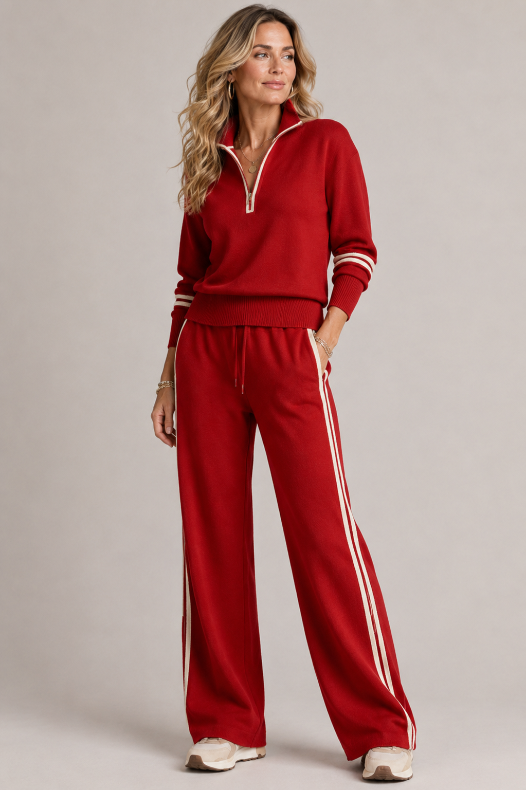 Women’s two-piece quarter-zip knit set, red top with striped wide-leg joggers