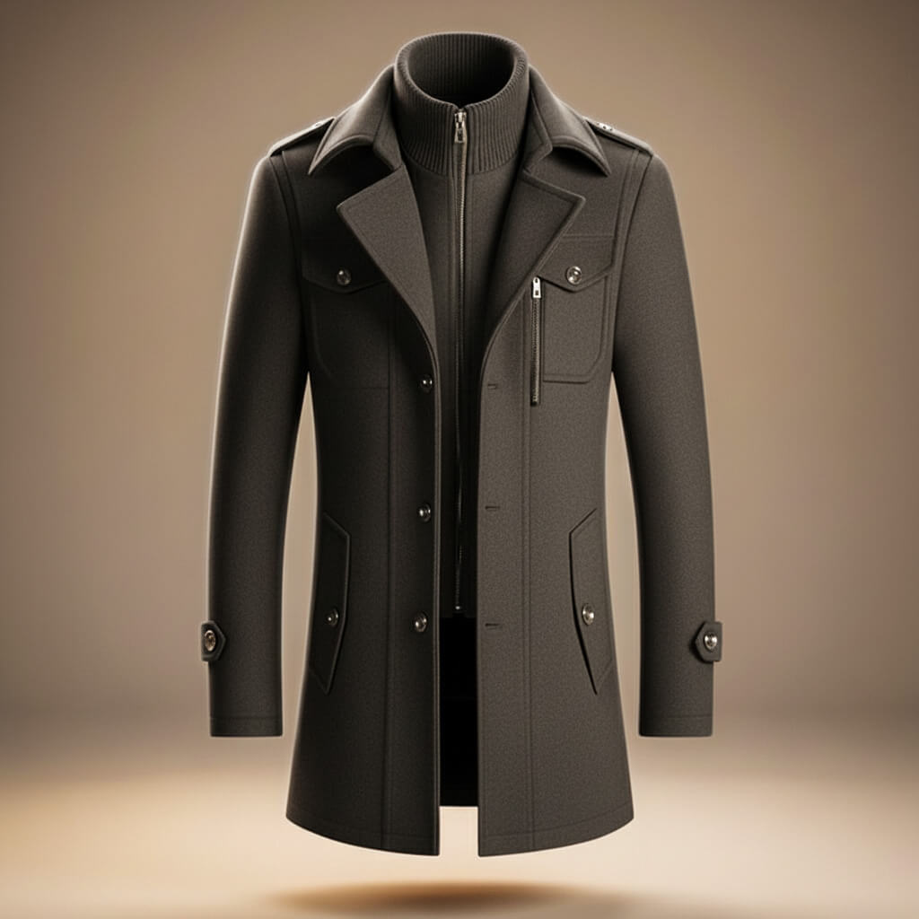 Men's wool coat in graphite gray, zip-front with notched lapels and chest pockets