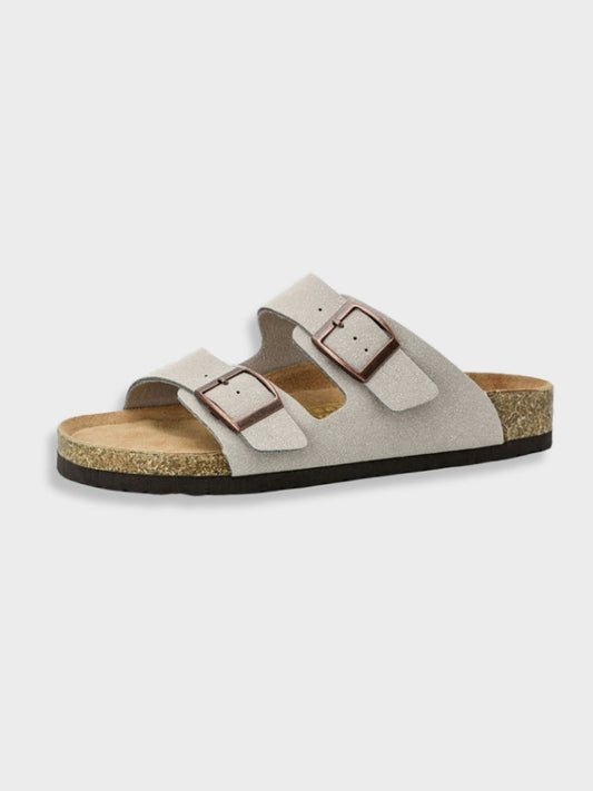 Women's footbed sandals in light gray with two square buckles and cork-textured sole.