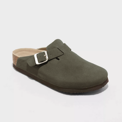 Green suede clog with adjustable buckle strap, open-backed for easy slip-on