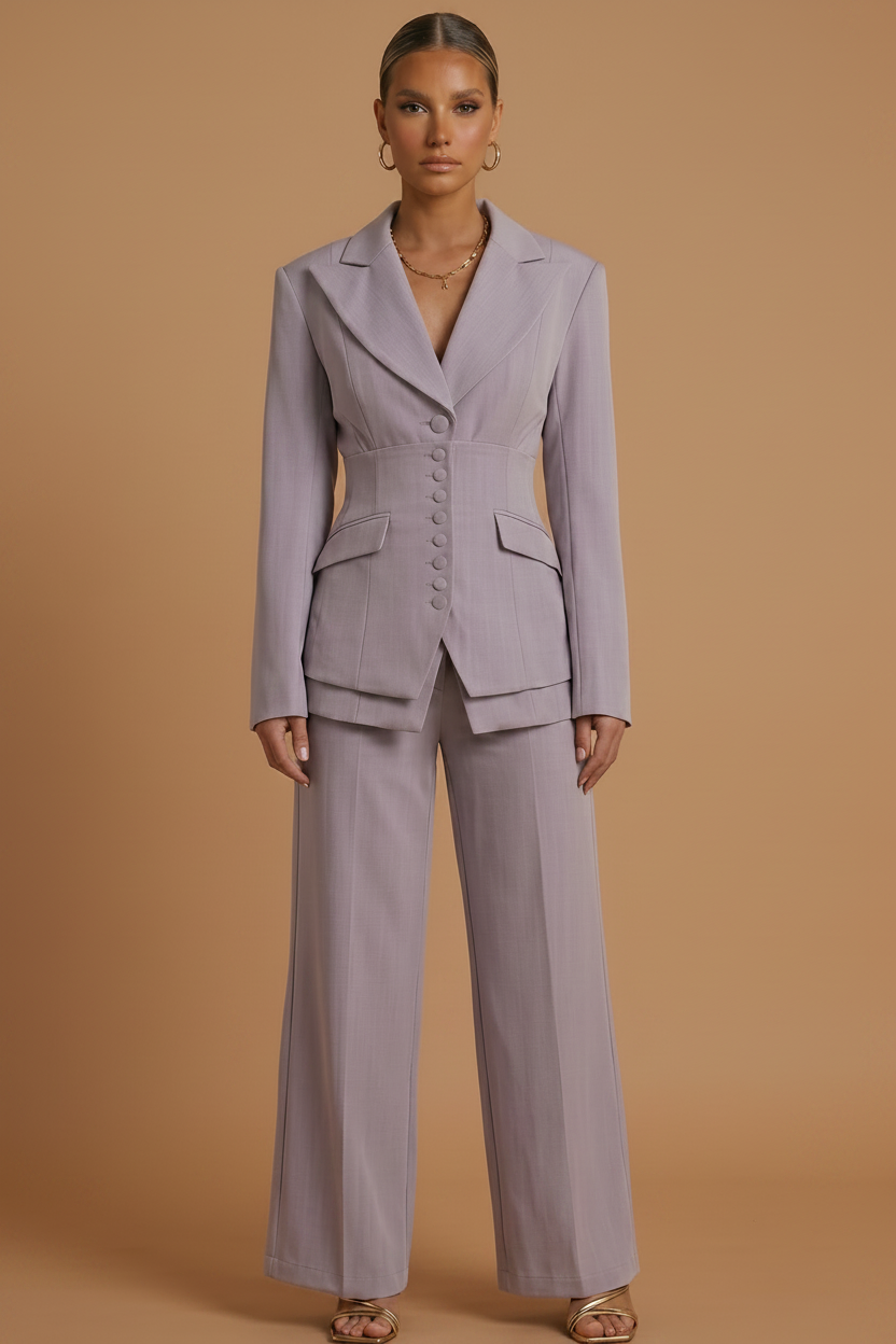 Light purple trouser suit: tailored blazer with wide-leg trousers, front view