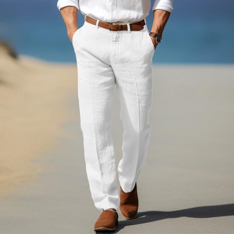 White linen men’s pants with belt loops, button fly, straight fit
