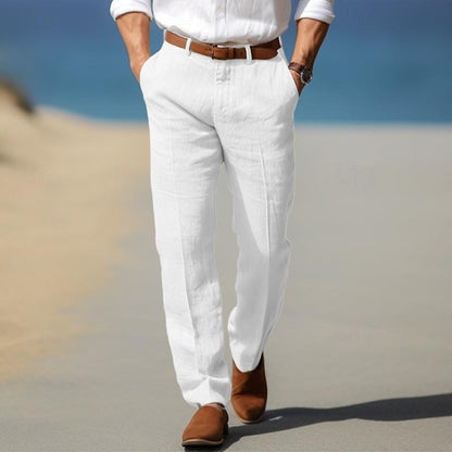 White linen men’s pants with belt loops, button fly, straight fit