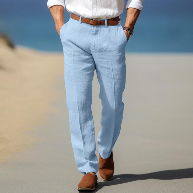 Light blue linen men’s pants with belt loops, button fly, straight fit