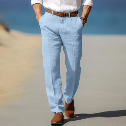 Light blue linen men’s pants with belt loops, button fly, straight fit