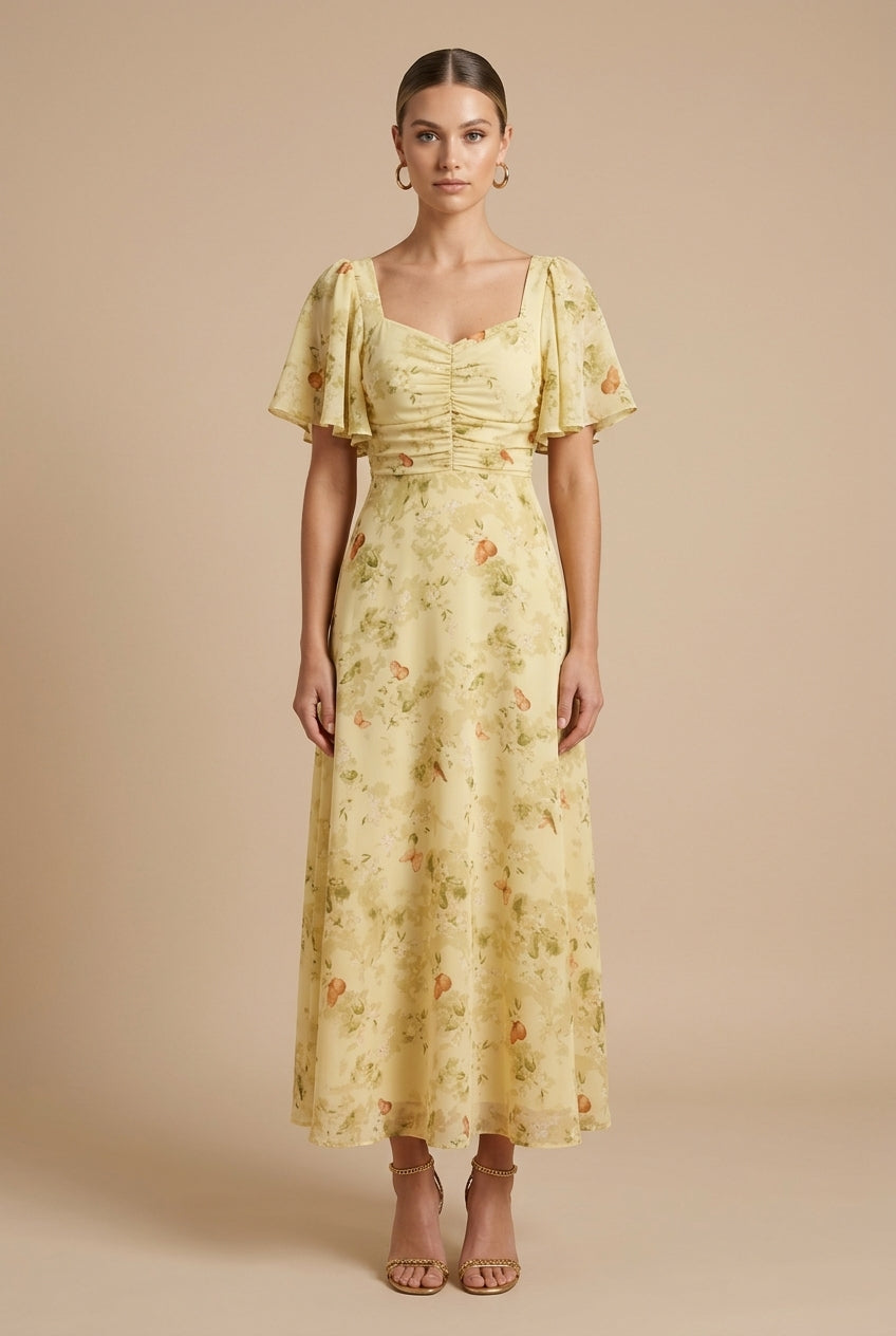 Yellow floral maxi dress with square neckline, puff sleeves, ruched bodice and gathered skirt