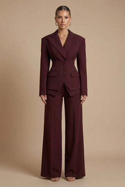 Wine red trouser suit: tailored blazer with wide-leg trousers, front view