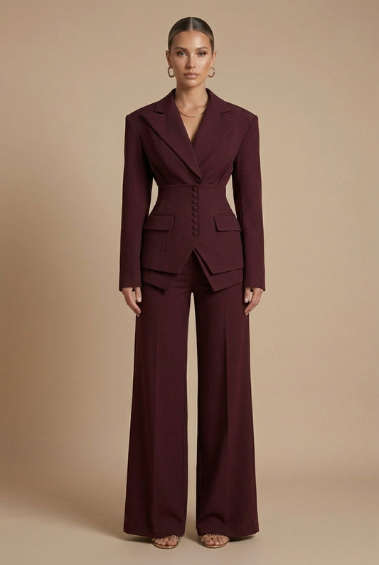 Wine red trouser suit: tailored blazer with wide-leg trousers, front view