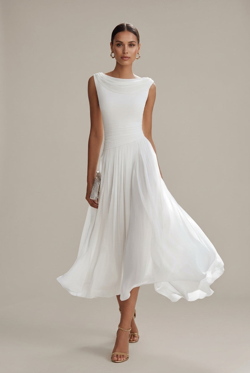 White sleeveless pleated midi dress with draped round neckline