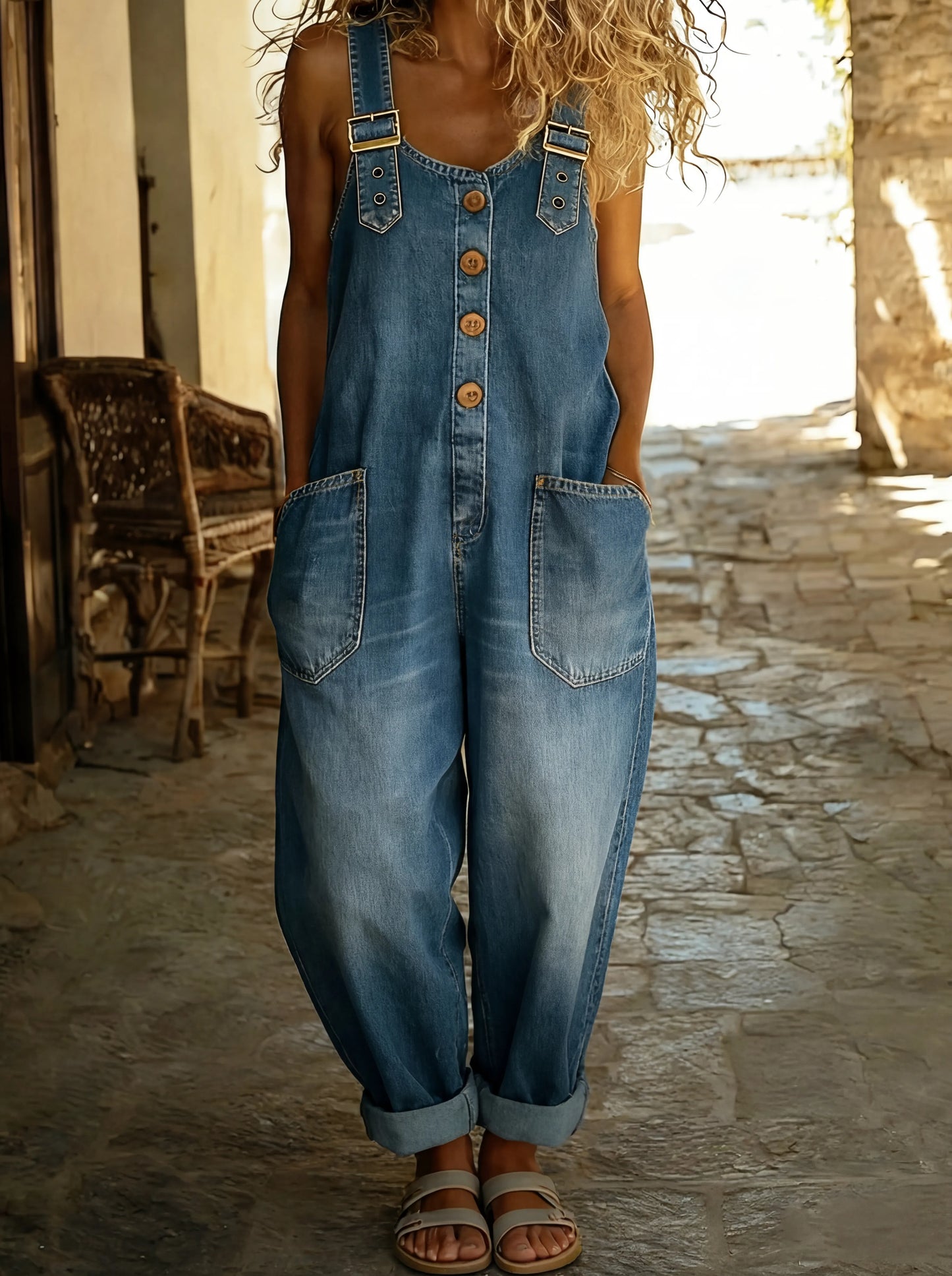 Light blue denim dungarees with buckle straps, front button placket and side pockets