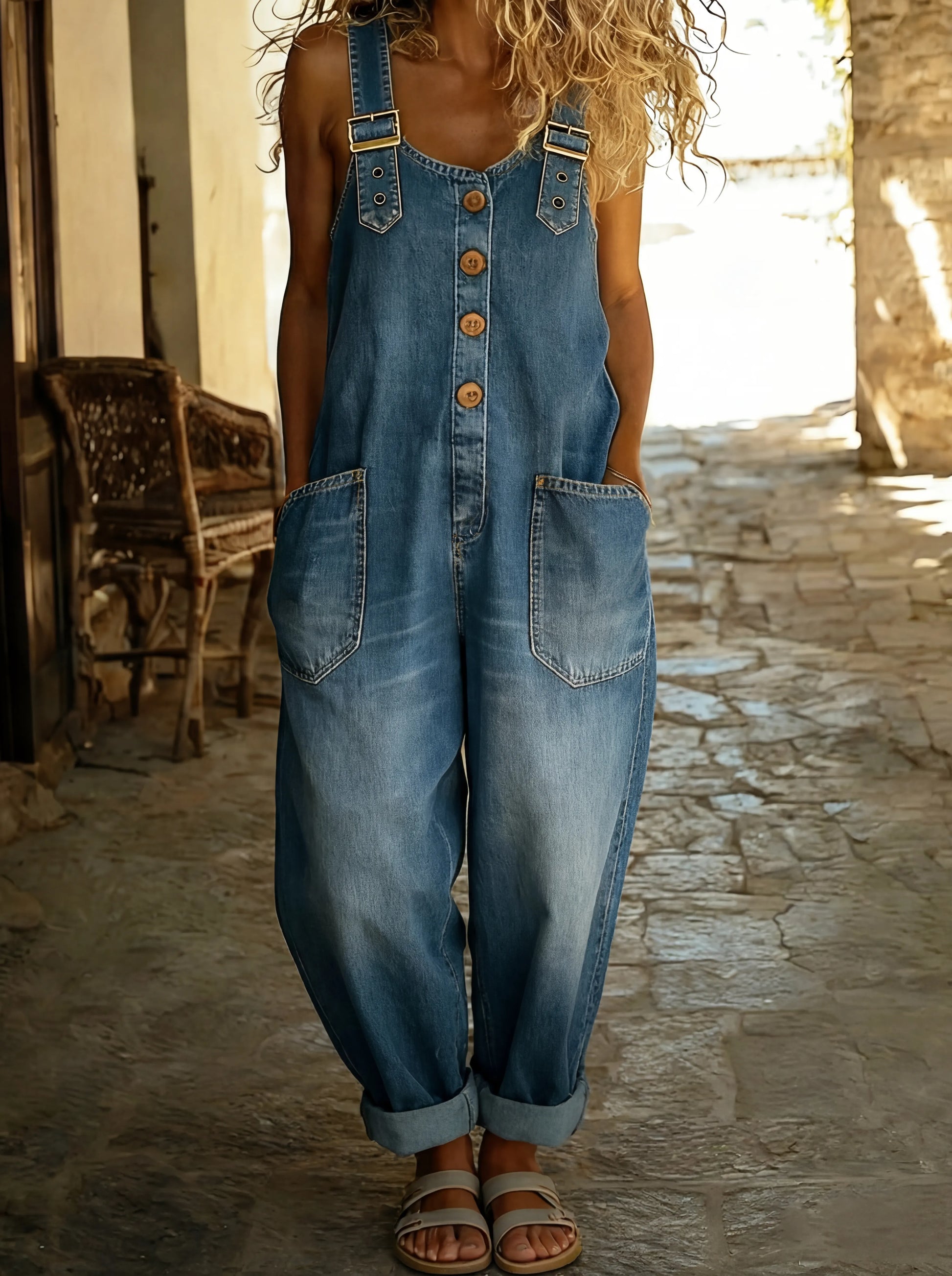 Light blue denim dungarees with buckle straps, front button placket and side pockets