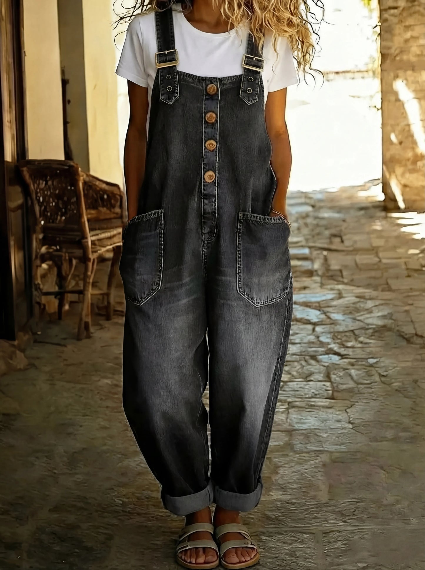 Black denim dungarees with buckle straps, front buttons and chest yoke pockets