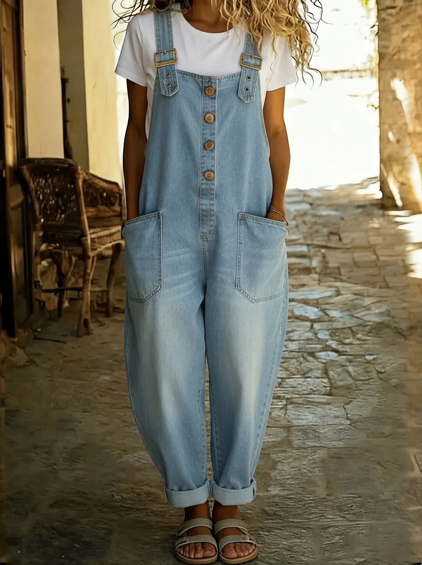 Light blue denim dungarees with buckle straps and large front bib pocket