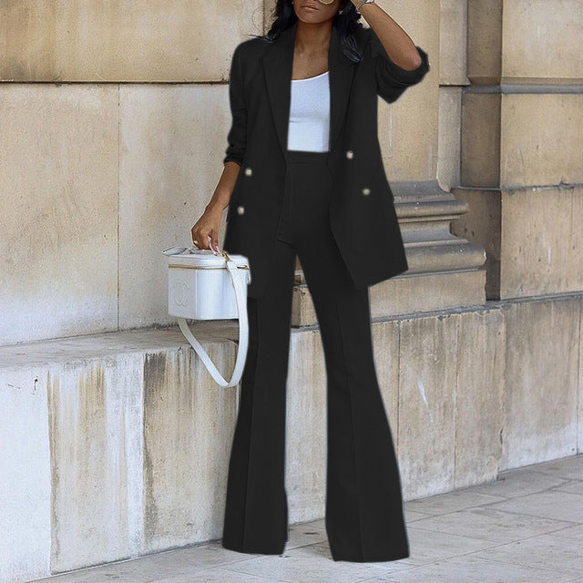 Black two-piece blazer and wide-leg trousers set with gold-button double-breasted look
