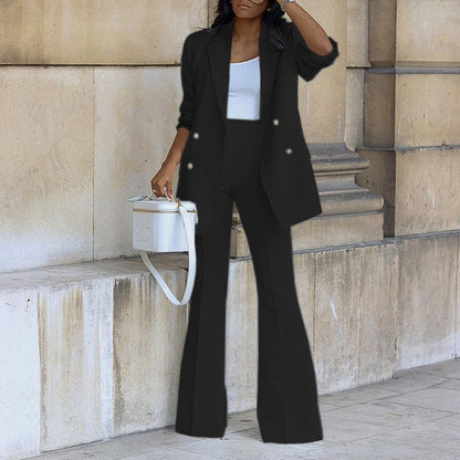 Black two-piece blazer and wide-leg trousers set with gold-button double-breasted look