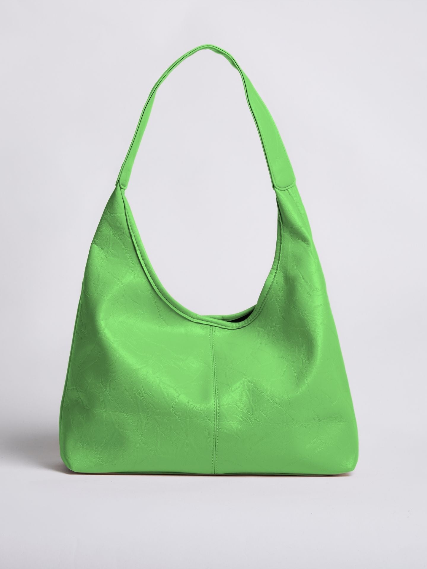 Distressed vegan leather tote bag, bright green with curved shoulder handles