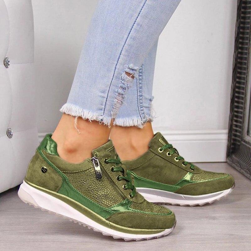 Green orthopaedic zip trainers with lace-up front, side zip detail, cushioned white sole