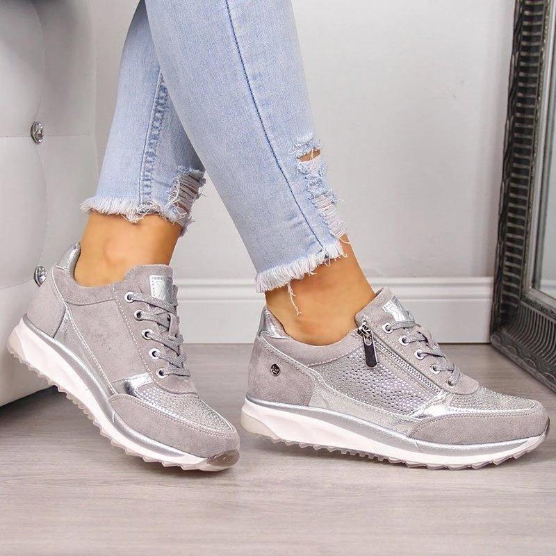 Grey orthopaedic zip trainers with lace-up front, zip collar detail, padded sole