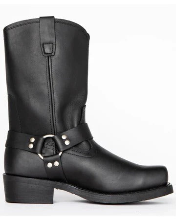Men's black harness boots with ankle strap and metal studs, side view